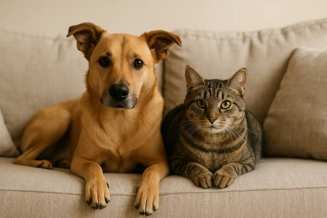 Czyszczenie kanapy po psie lub kocie - jak usunąć sierść i zapachy? 2 pies i kot na kanapie