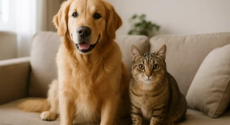 Czyszczenie kanapy po psie lub kocie - jak usunąć sierść i zapachy? 1 pies i kot na kanapie